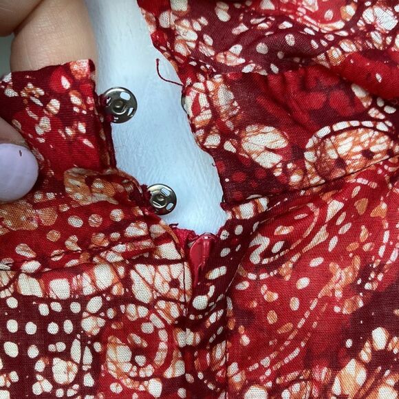 100% Cotton Red Batik Modest High Neck Floor Length Ruffled Maxi Dress Malaysian - Picture 7 of 11